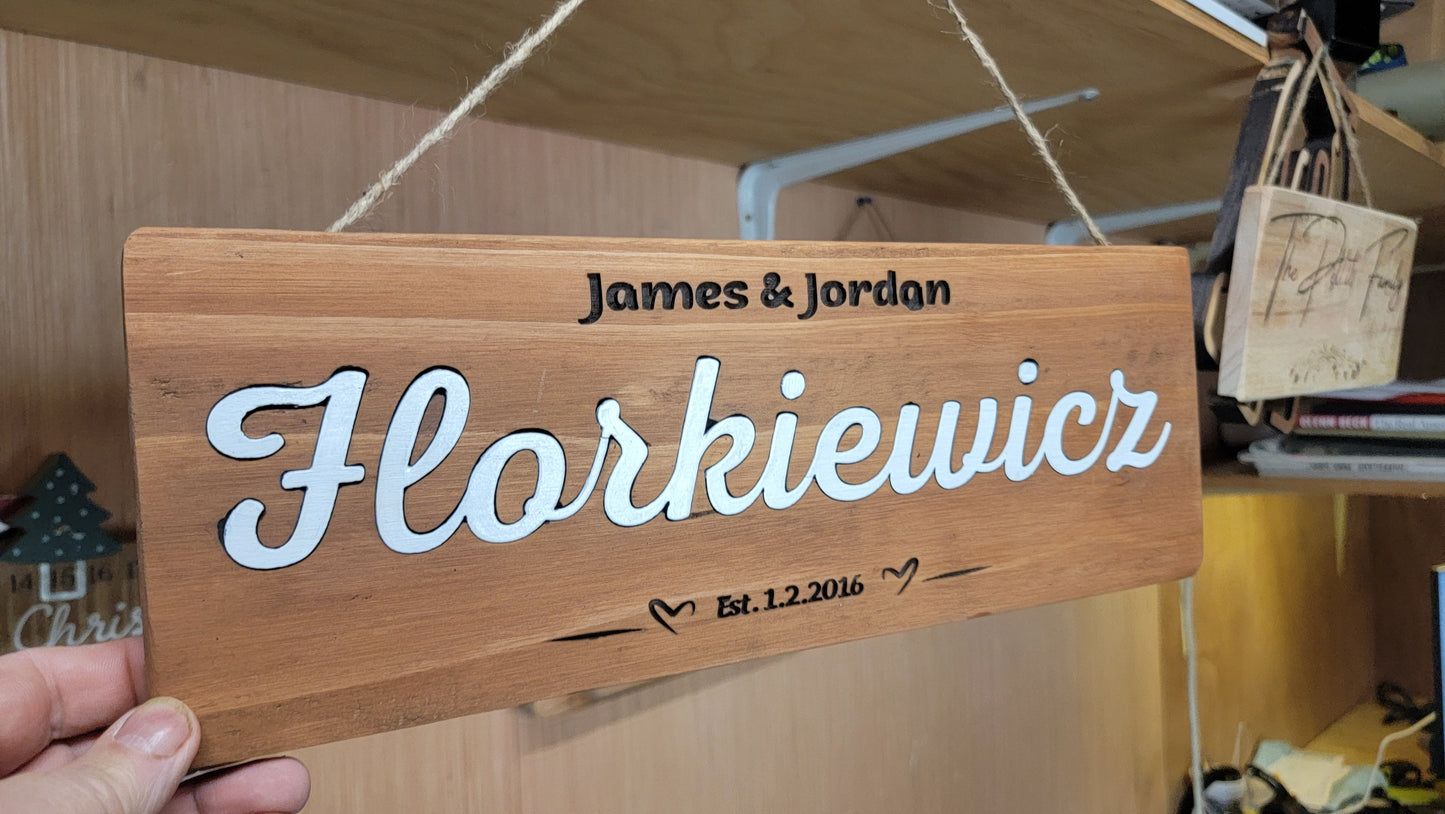 Personalized 3D Cedar Wood Family Name Sign - Laser Cut and Raised Surname