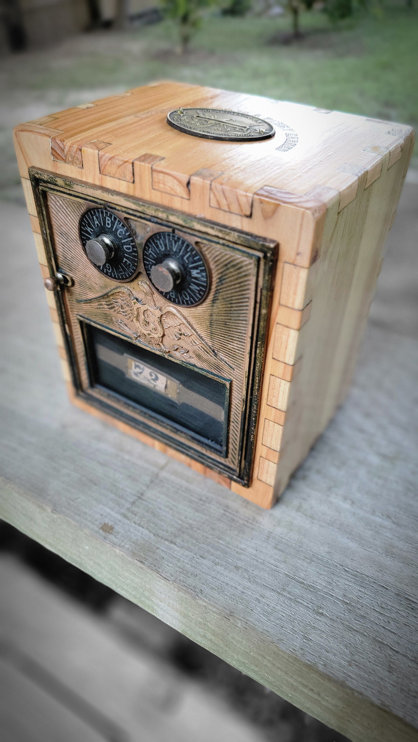 Custom Wood Bank with Antique USPS PO Box Door #73 - Build #3